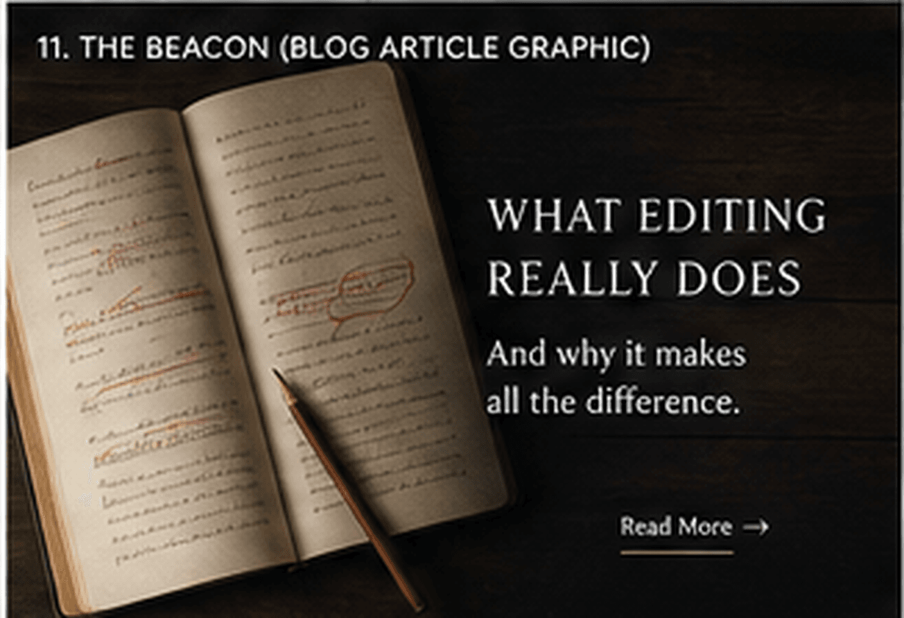 Open manuscript with red editorial marks and a pencil
